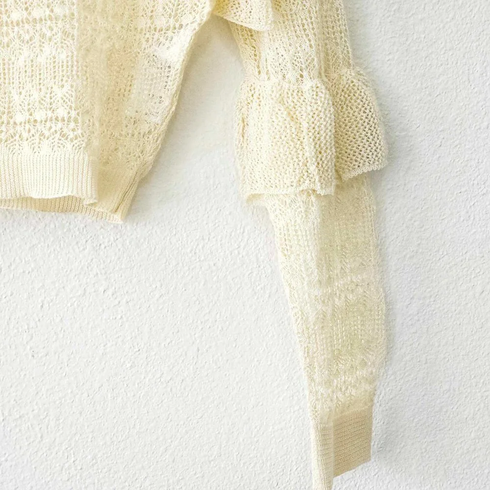 NWT Anthropologie Cream Sheer Open-Stitch Ruffle Summer Pullover Size XXS